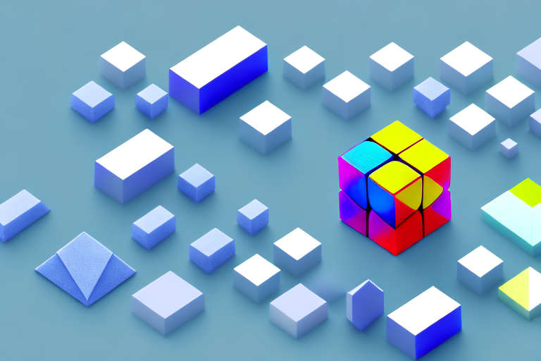 A three-dimensional cube with different colored sections